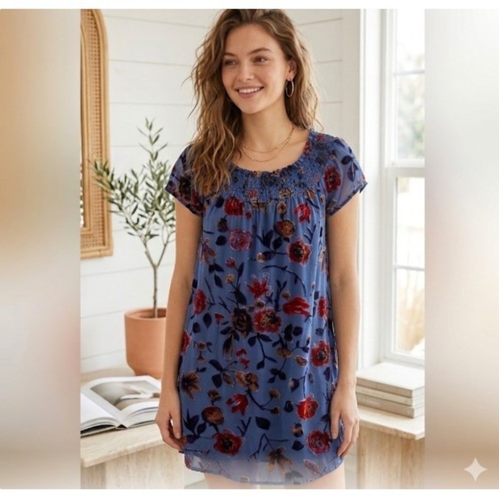 En Creme Dress M Blue Velvet Floral Smocked Neck Puff Sleeve Whimsygoth